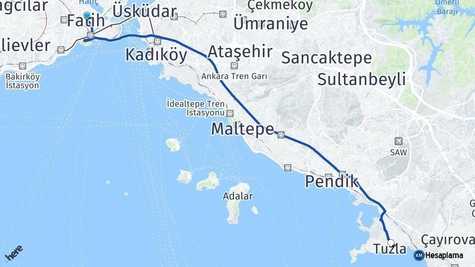 İstanbul Fatih Tuzla Arası Kaç Km - Yol Haritası