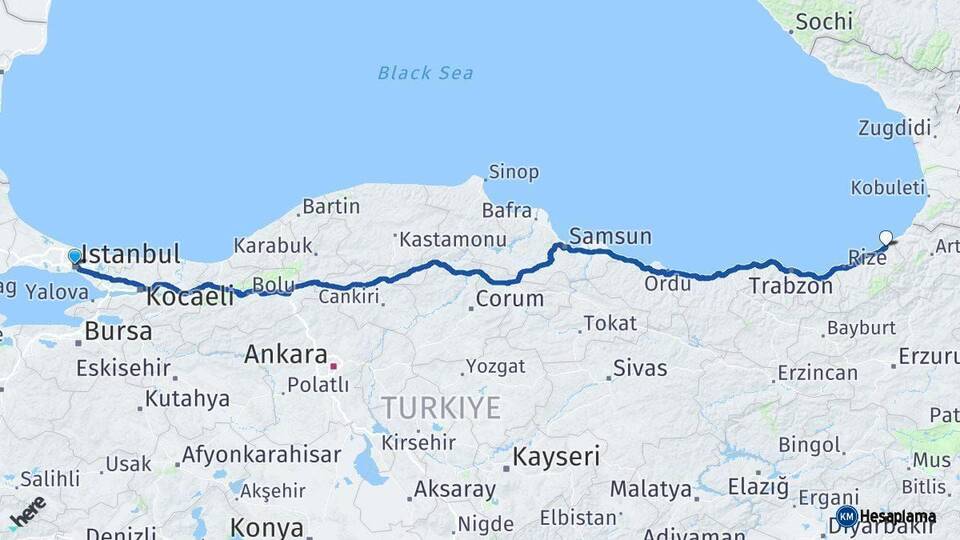 İstanbul Fındıklı Rize Arası Kaç Km - Yol Haritası