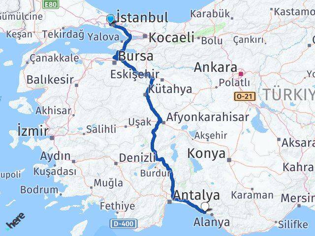 İstanbul Gaziosmanpaşa Avsallar Alanya Antalya Arası Kaç Km - Yol Haritası
