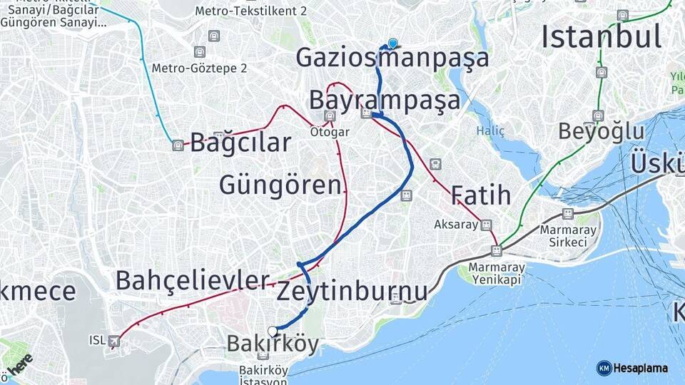 İstanbul Gaziosmanpaşa Bakırköy Arası Kaç Km - Yol Haritası