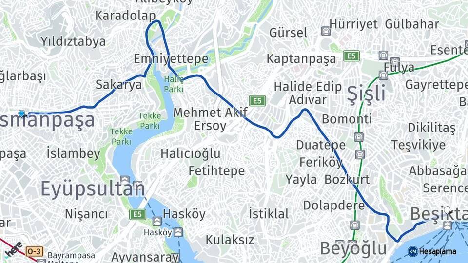 İstanbul Gaziosmanpaşa Beşiktaş Arası Kaç Km - Yol Haritası
