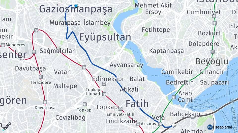 İstanbul Gaziosmanpaşa Beyazıt Fatih Arası Kaç Km - Yol Haritası