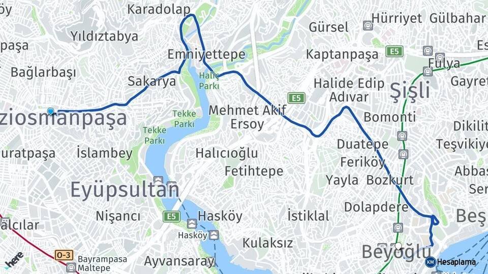 İstanbul Gaziosmanpaşa Beyoğlu Arası Kaç Km - Yol Haritası