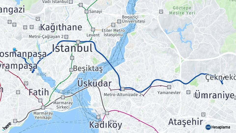 İstanbul Gaziosmanpaşa Çekmeköy Arası Kaç Km - Yol Haritası
