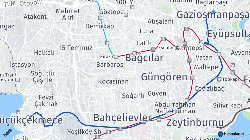 İstanbul Gaziosmanpaşa Küçükçekmece Arası Kaç Km - Yol Haritası