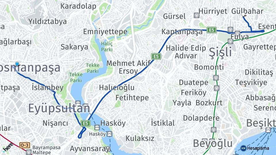 İstanbul Gaziosmanpaşa Mecidiyeköy Şişli Arası Kaç Km - Yol Haritası