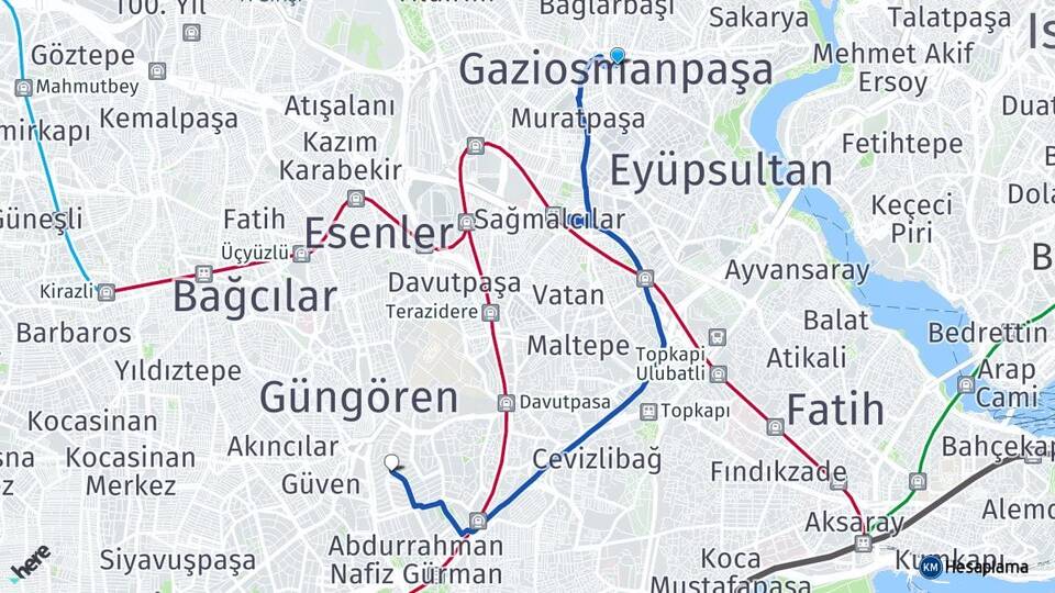 İstanbul Gaziosmanpaşa Merter Güngören Arası Kaç Km - Yol Haritası