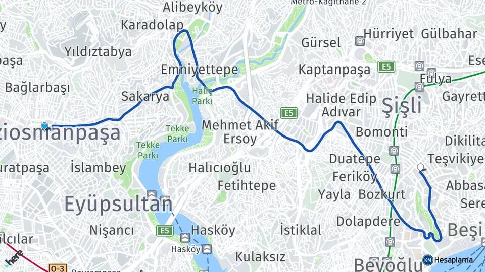 İstanbul Gaziosmanpaşa Nişantaşı Şişli Arası Kaç Km - Yol Haritası