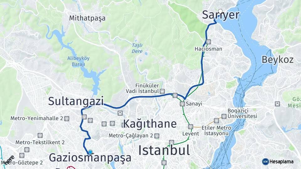 İstanbul Gaziosmanpaşa Sarıyer Arası Kaç Km - Yol Haritası