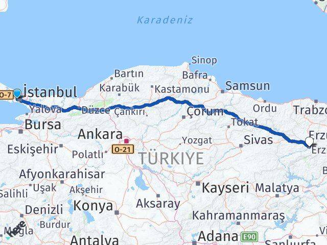 İstanbul Gaziosmanpaşa Taksim Erzincan Arası Kaç Km - Yol Haritası