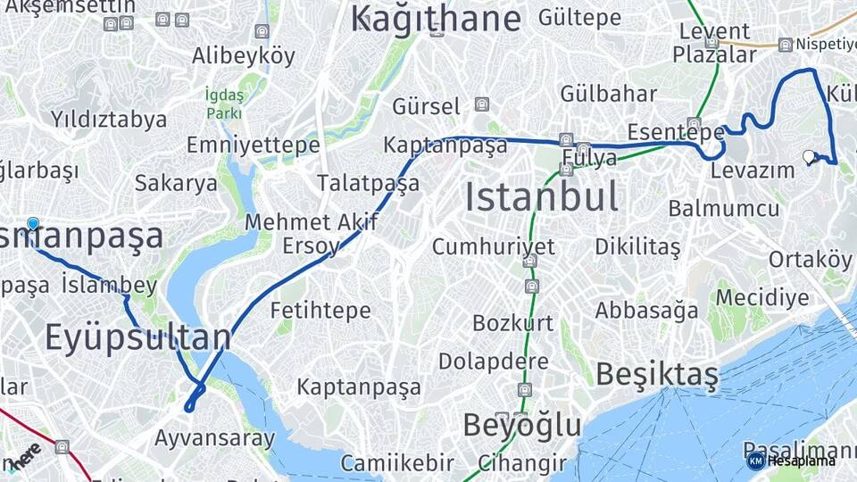 İstanbul Gaziosmanpaşa Ulus Beşiktaş Arası Kaç Km - Yol Haritası