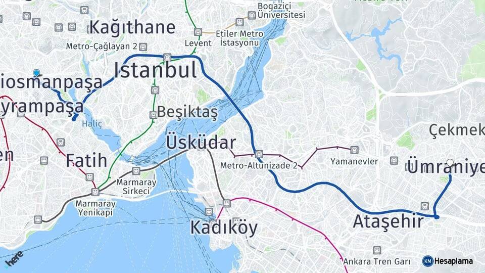 İstanbul Gaziosmanpaşa Ümraniye Arası Kaç Km - Yol Haritası