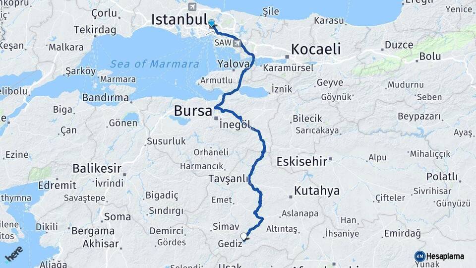 İstanbul Gediz Kütahya Arası Kaç Km - Yol Haritası