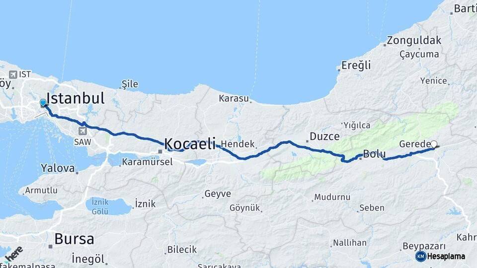 İstanbul Gerede Bolu Arası Kaç Km - Yol Haritası