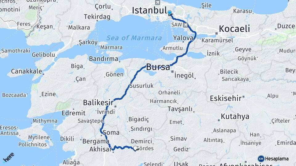 İstanbul Gördes Manisa Arası Kaç Km - Yol Haritası