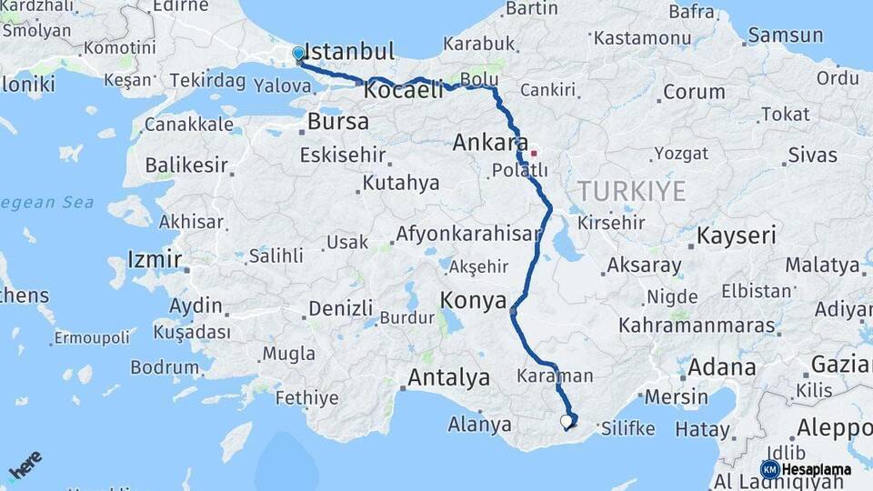 İstanbul Gülnar Mersin Arası Kaç Km - Yol Haritası