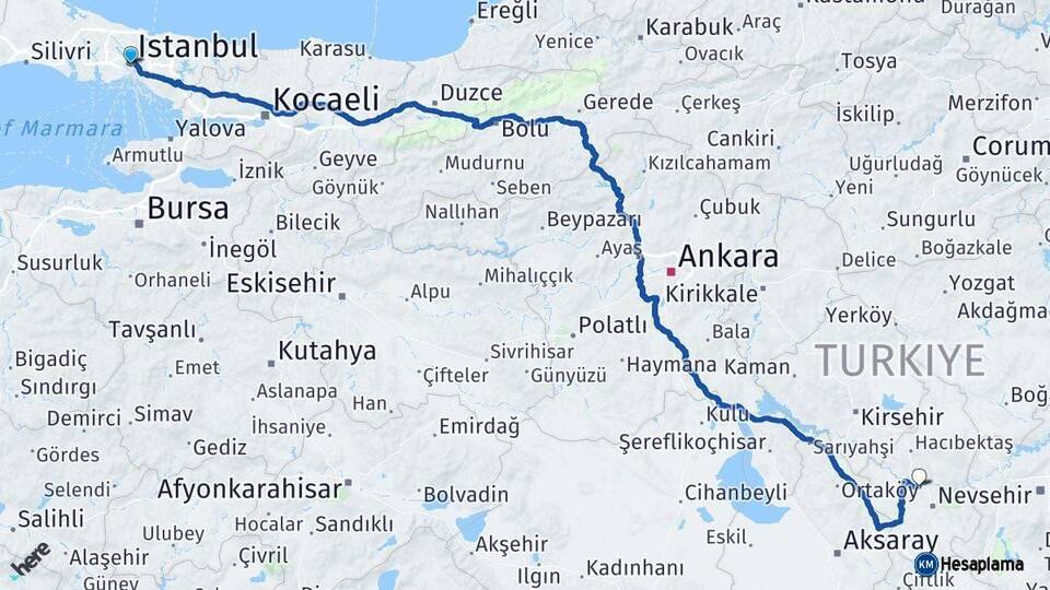 İstanbul Gülşehir Nevşehir Arası Kaç Km - Yol Haritası