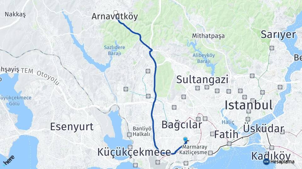 İstanbul Güngören Haznedar Arnavutköy Arası Kaç Km - Yol Haritası