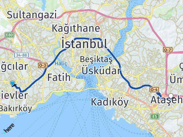 İstanbul Güngören Haznedar Ataşehir Arası Kaç Km - Yol Haritası