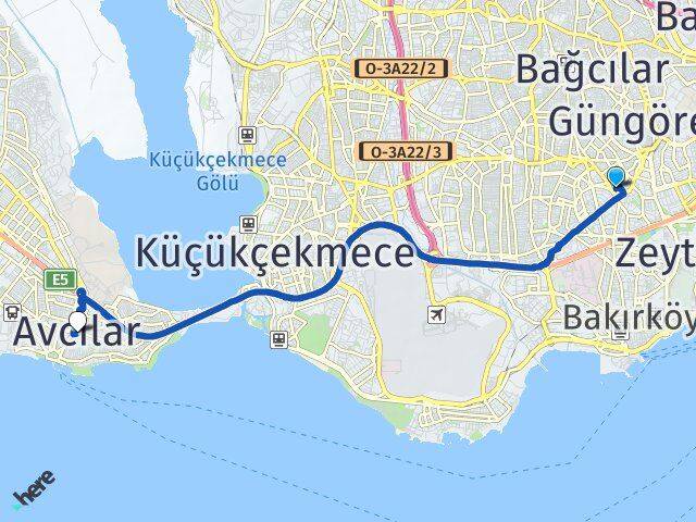 İstanbul Güngören Haznedar Avcılar Arası Kaç Km - Yol Haritası