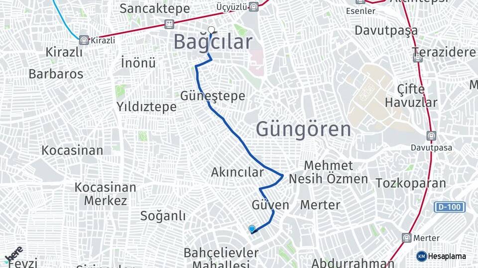 İstanbul Güngören Haznedar Bağcılar Arası Kaç Km - Yol Haritası