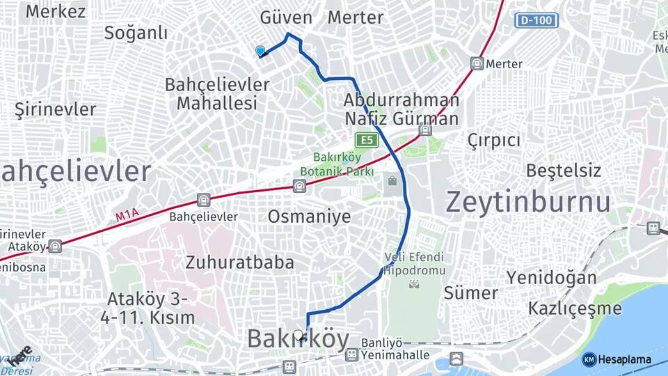 İstanbul Güngören Haznedar Bakırköy Arası Kaç Km - Yol Haritası