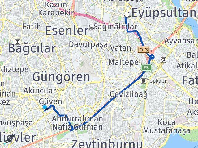 İstanbul Güngören Haznedar Bayrampaşa Arası Kaç Km - Yol Haritası