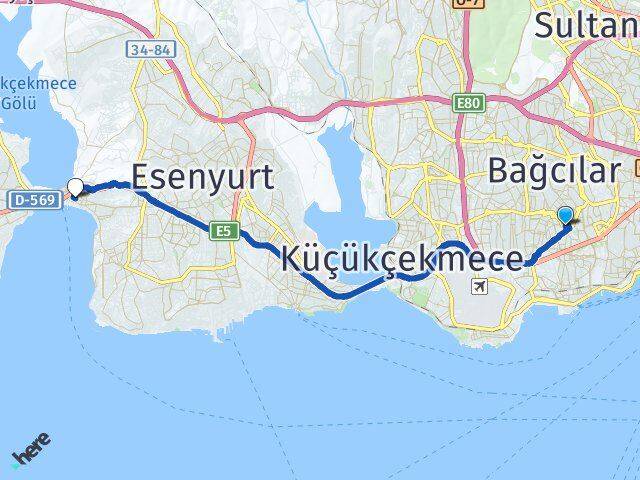 İstanbul Güngören Haznedar Büyükçekmece Arası Kaç Km - Yol Haritası