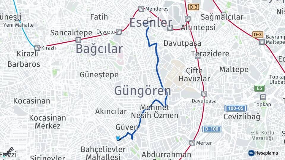 İstanbul Güngören Haznedar Esenler Arası Kaç Km - Yol Haritası