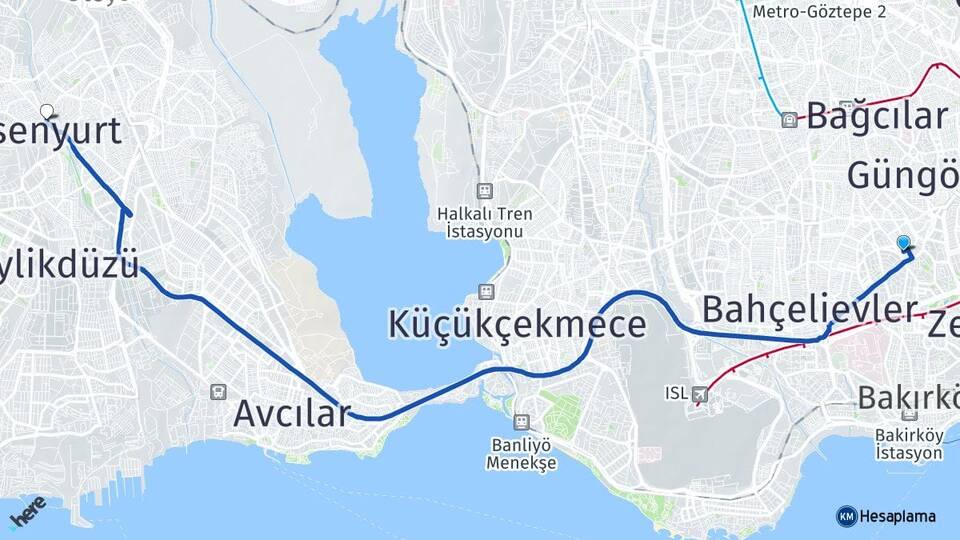 İstanbul Güngören Haznedar Esenyurt Arası Kaç Km - Yol Haritası