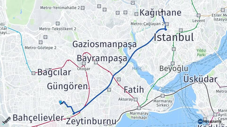 İstanbul Güngören Haznedar Kağıthane Arası Kaç Km - Yol Haritası
