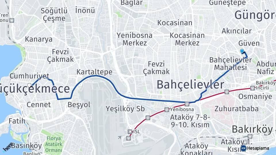 İstanbul Güngören Haznedar Küçükçekmece Arası Kaç Km - Yol Haritası