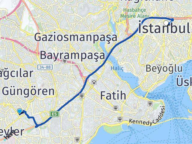 İstanbul Güngören Haznedar Şişli Arası Kaç Km - Yol Haritası
