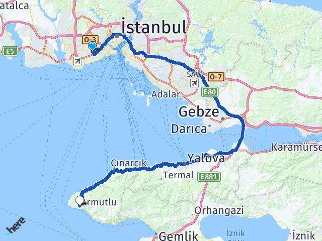İstanbul Güngören Merter Armutlu Yalova Arası Kaç Km - Yol Haritası