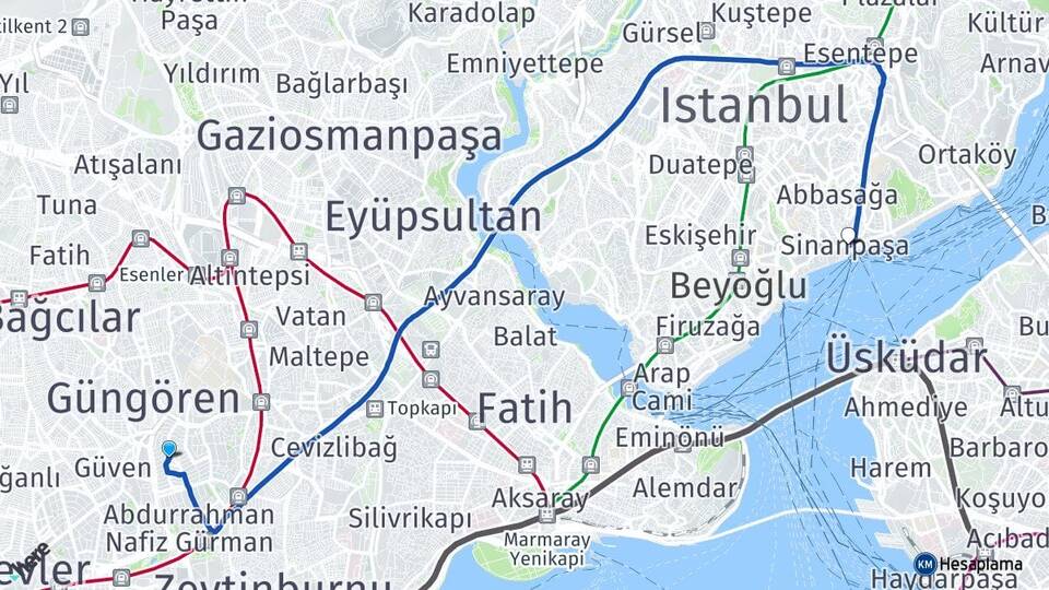 İstanbul Güngören Merter Beşiktaş Arası Kaç Km - Yol Haritası