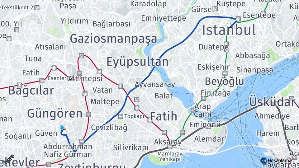 İstanbul Güngören Merter Şişli Arası Kaç Km - Yol Haritası