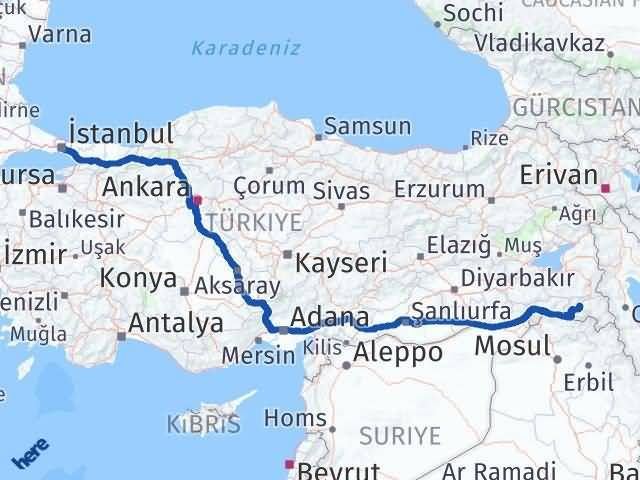 istanbul hakkari arasi kac km kac saat yol tarifi