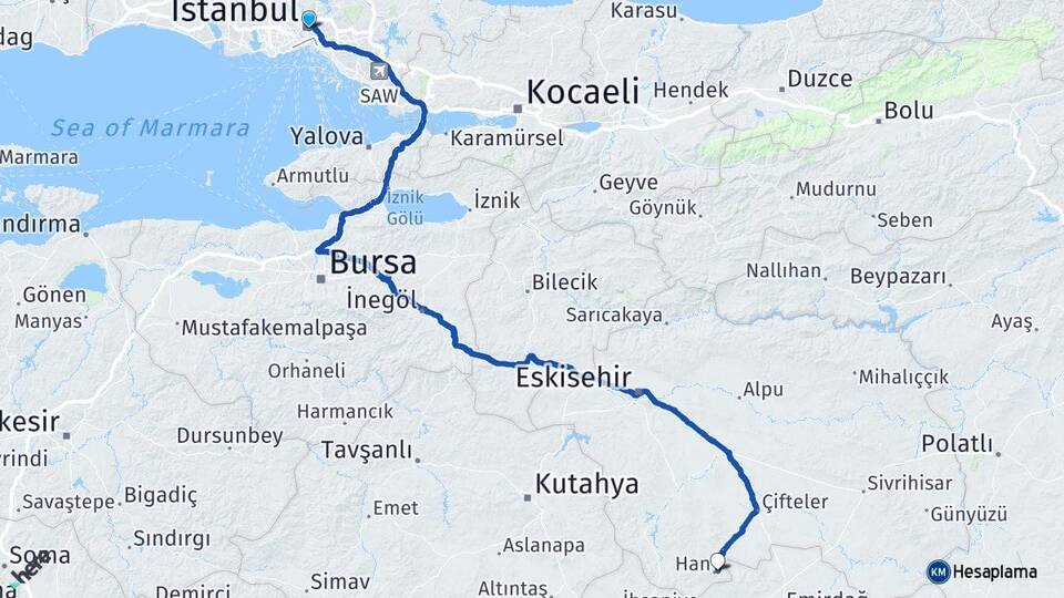 İstanbul Han Eskişehir Arası Kaç Km - Yol Haritası