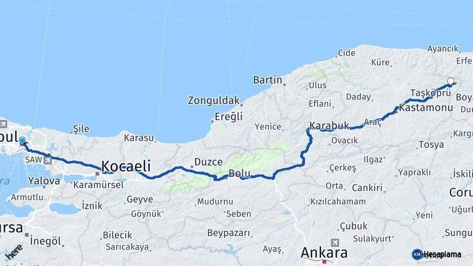 İstanbul Hanönü Kastamonu Arası Kaç Km - Yol Haritası
