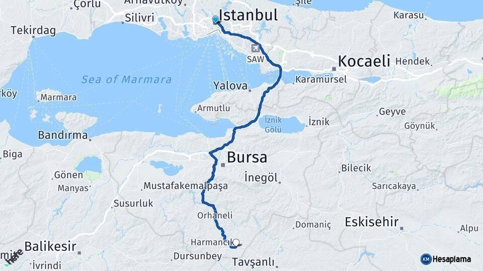 İstanbul Harmancık Bursa Arası Kaç Km - Yol Haritası