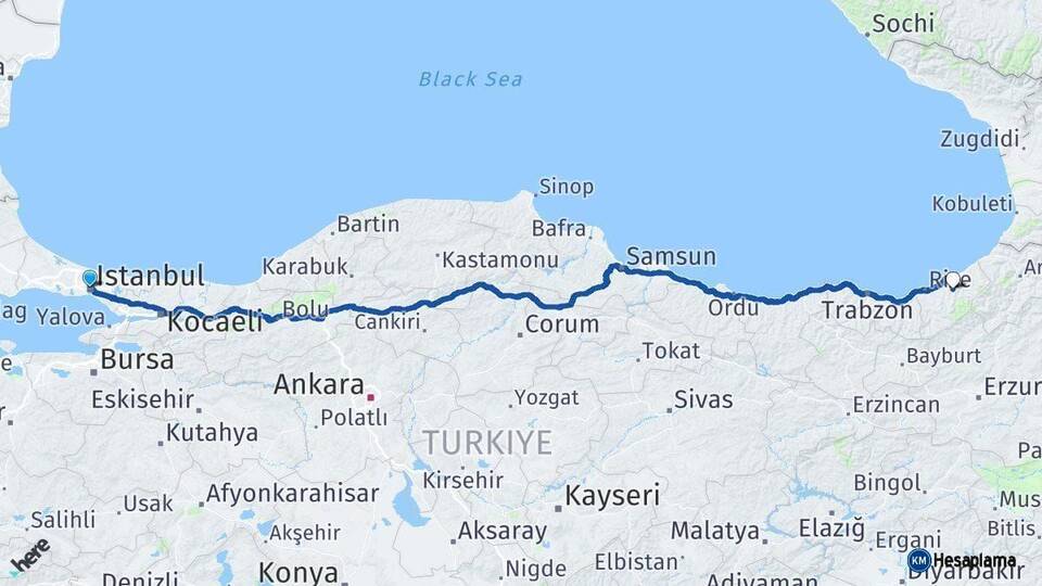 İstanbul Hemşin Rize Arası Kaç Km - Yol Haritası