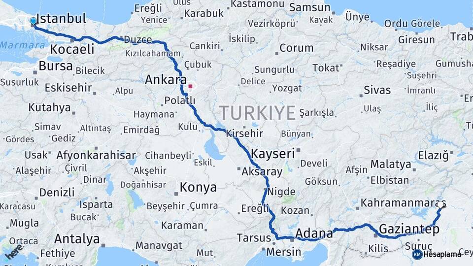 İstanbul Hilvan Şanlıurfa Arası Kaç Km - Yol Haritası