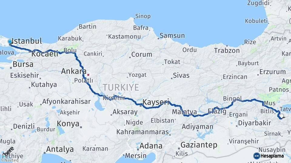 İstanbul Hizan Bitlis Arası Kaç Km - Yol Haritası