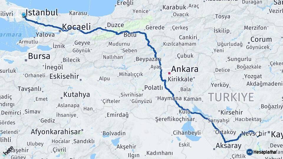İstanbul İncesu Kayseri Arası Kaç Km - Yol Haritası
