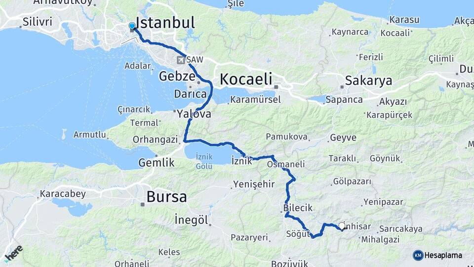İstanbul İnhisar Bilecik Arası Kaç Km - Yol Haritası