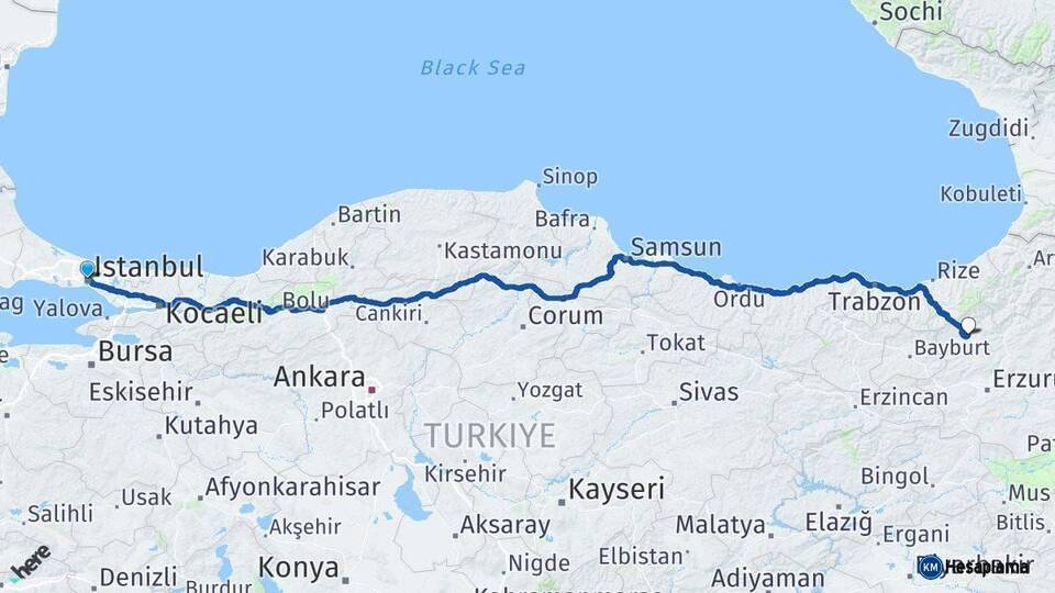 İstanbul İspir Erzurum Arası Kaç Km - Yol Haritası