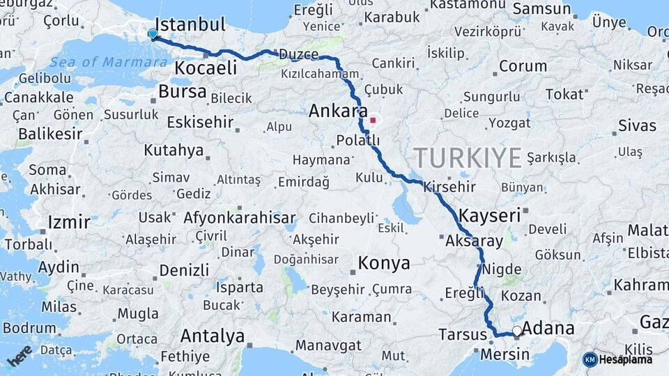 İstanbul Kadıköy Adana Arası Kaç Km - Yol Haritası