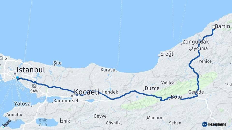 İstanbul Kadıköy Bartın Arası Kaç Km - Yol Haritası