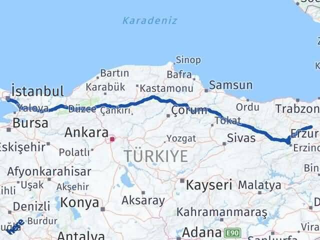 İstanbul Kadıköy Bayburt Arası Kaç Km - Yol Haritası