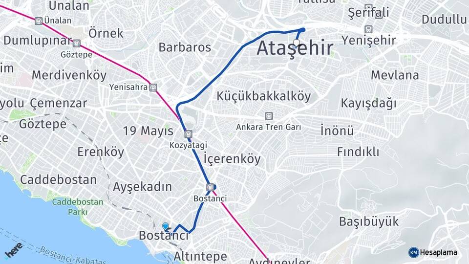 İstanbul Kadıköy Bostancı Ataşehir Arası Kaç Km - Yol Haritası